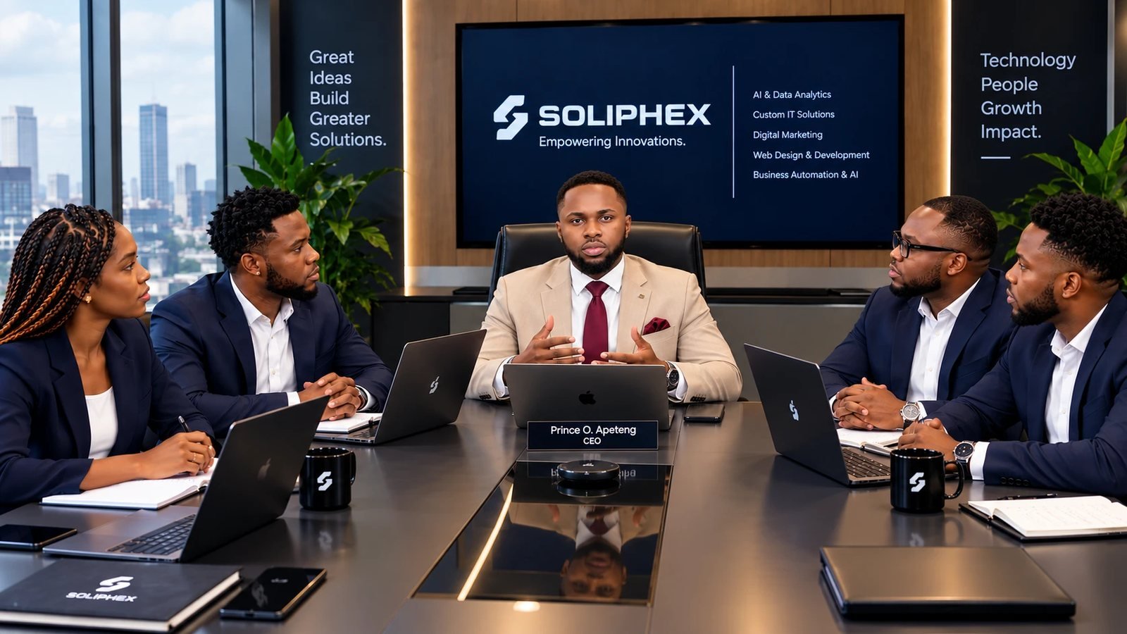 The Soliphex leadership team in a boardroom meeting